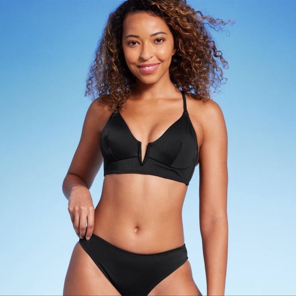 2/$20 Shade & Shore Ribbed Longline V-Wire Bikini Top - Black - Picture 1 of 5
